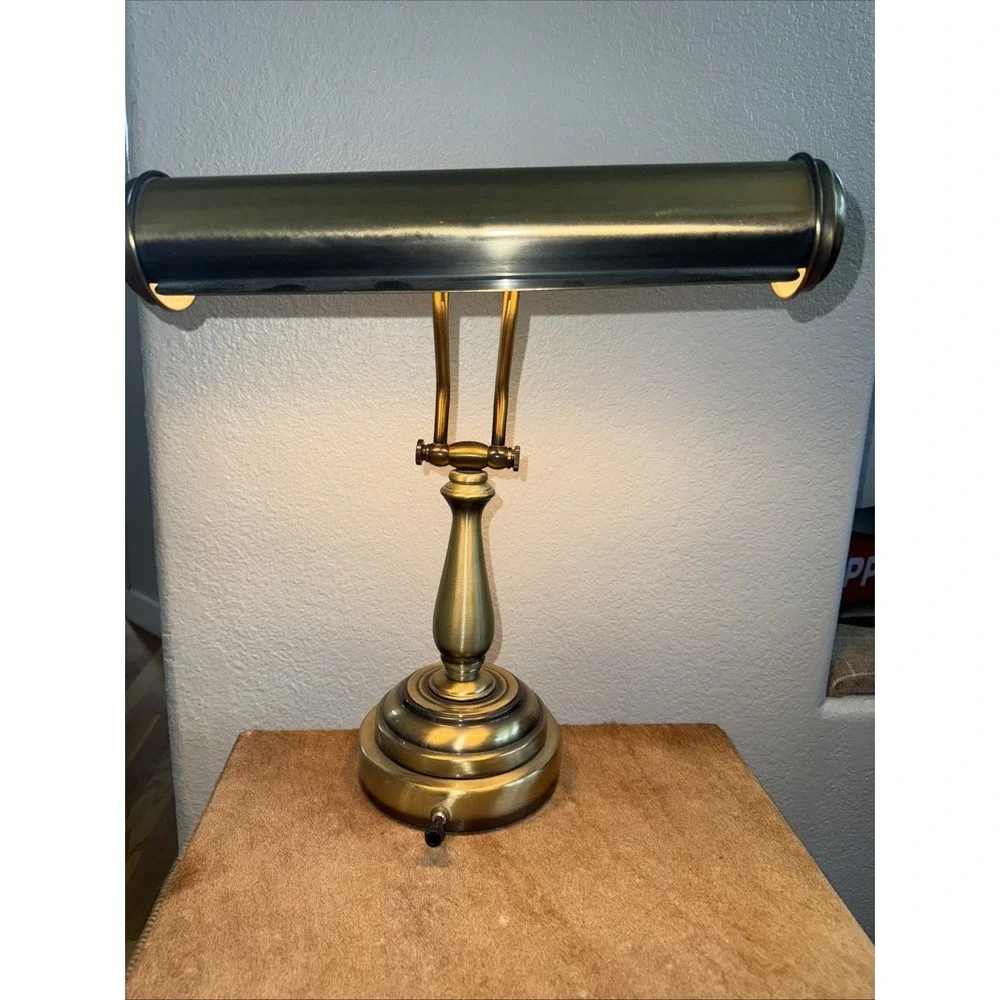 Vintage Brass Colored Metal Desk Piano Bankers Adjustable Double Arm Lamp WORKS!